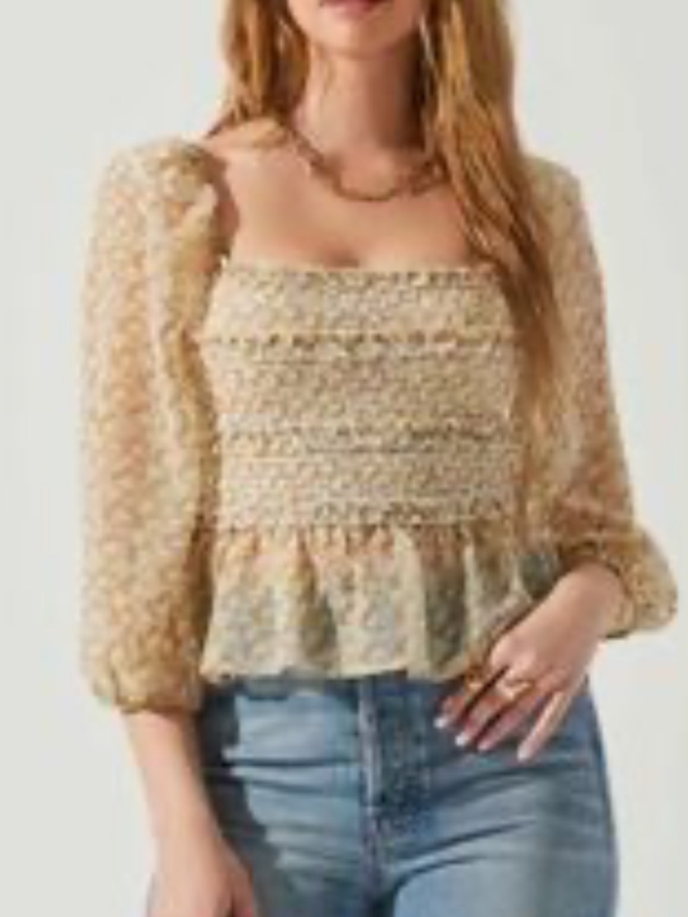 Astr Smocked Square-Neck Blouse in Cream and Yellow Floral - Picture 2 of 12